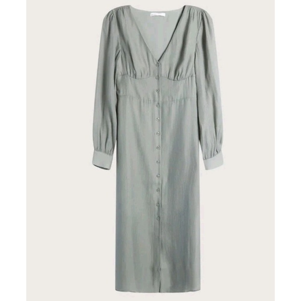 Oak And Fort Womens SHIRT CHIFFON MIDI DRESS Size Large. Green. Button Down